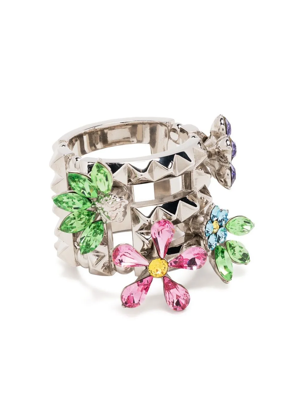 

Versace anillo de cristal ancho con diseño floral - Plateado