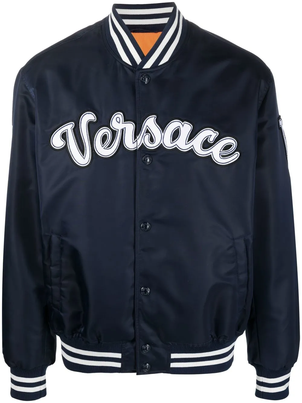 Versace Logo Embroidered Buttoned Jacket In Blue
