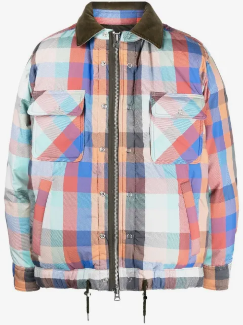 sacai check-pattern zip-up bomber jacket
