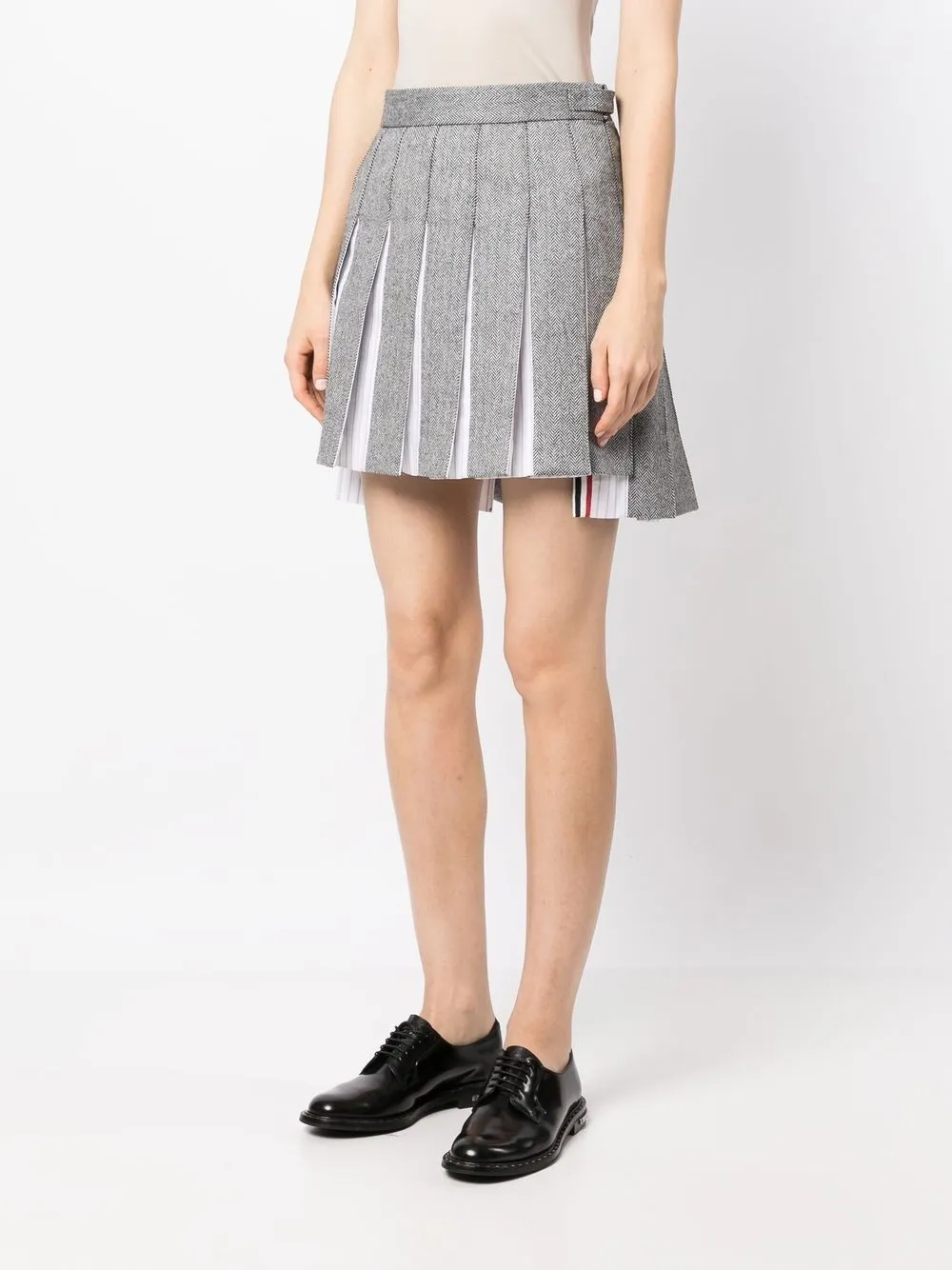 Thom Browne Chevron-knit Pleated Skirt In 980 Blk/wht