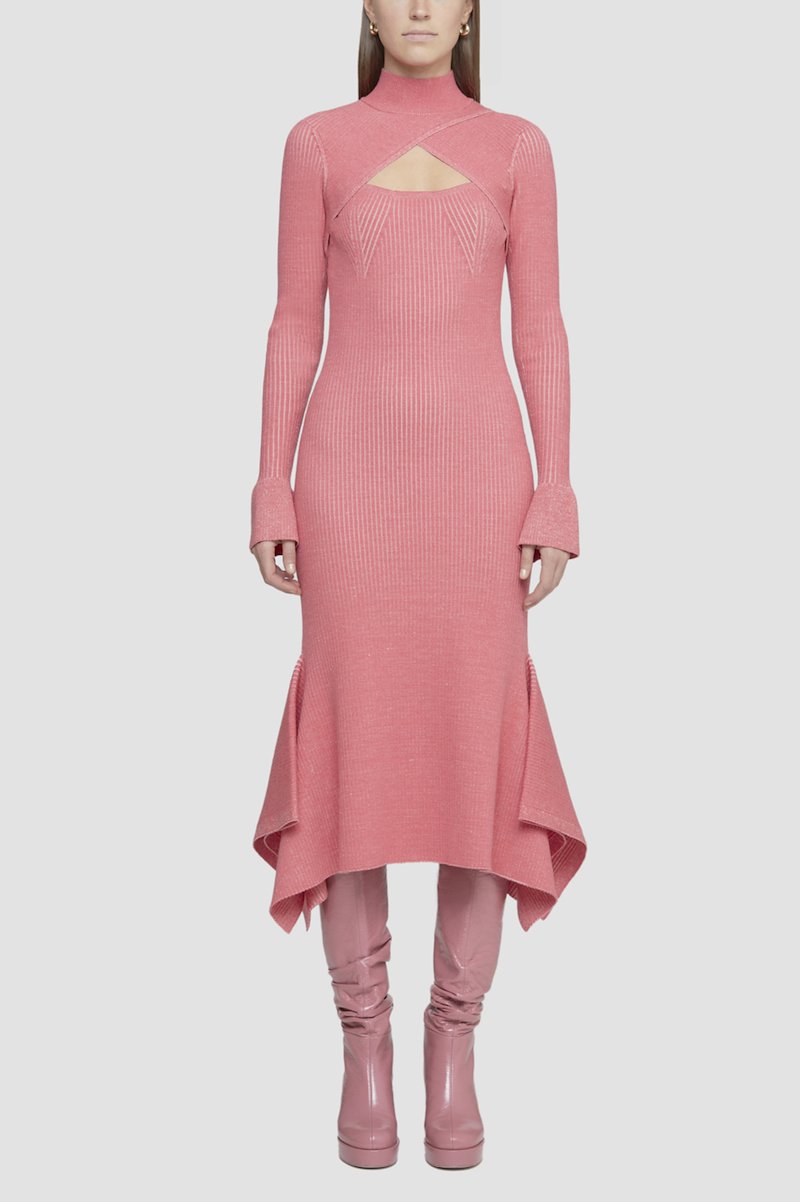 Bicolor Rib Long Sleeve Dress-pink #0 Bicolor Rib Long Sleeve Dress, cut-out ribbed knit dress from 3.1 PHILLIP LIM featuring bubblegum pink, wool blend, cut-out detailing, crossover strap detail, crew neck, long sleeves, fitted waistline and asymmetric hem.- 0