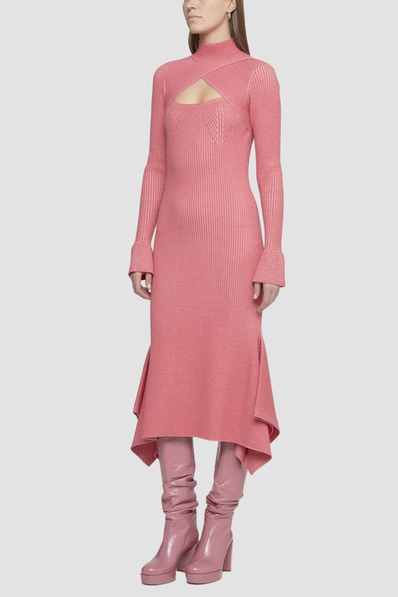 Bicolor Rib Long Sleeve Dress-pink #1 Bicolor Rib Long Sleeve Dress, cut-out ribbed knit dress from 3.1 PHILLIP LIM featuring bubblegum pink, wool blend, cut-out detailing, crossover strap detail, crew neck, long sleeves, fitted waistline and asymmetric hem.- 3