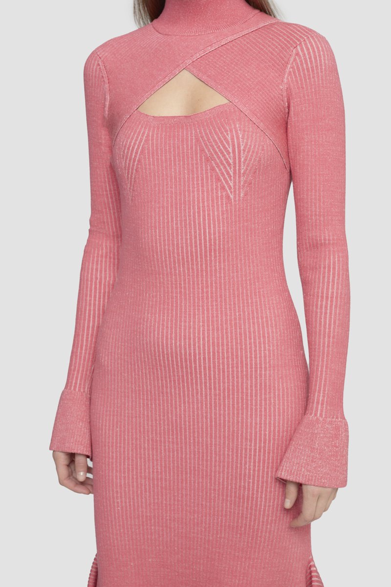 Bicolor Rib Long Sleeve Dress-pink #1 Bicolor Rib Long Sleeve Dress, cut-out ribbed knit dress from 3.1 PHILLIP LIM featuring bubblegum pink, wool blend, cut-out detailing, crossover strap detail, crew neck, long sleeves, fitted waistline and asymmetric hem.- 5