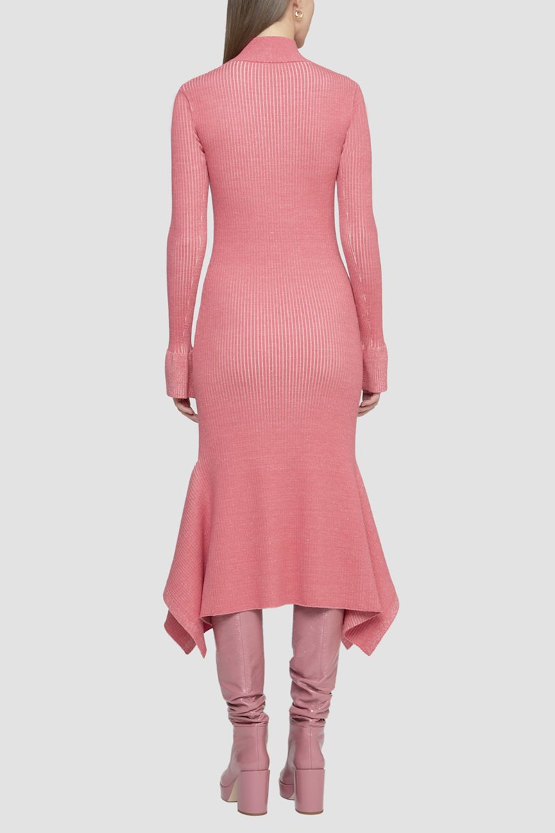Bicolor Rib Long Sleeve Dress-pink #0 Bicolor Rib Long Sleeve Dress, cut-out ribbed knit dress from 3.1 PHILLIP LIM featuring bubblegum pink, wool blend, cut-out detailing, crossover strap detail, crew neck, long sleeves, fitted waistline and asymmetric hem.- 4