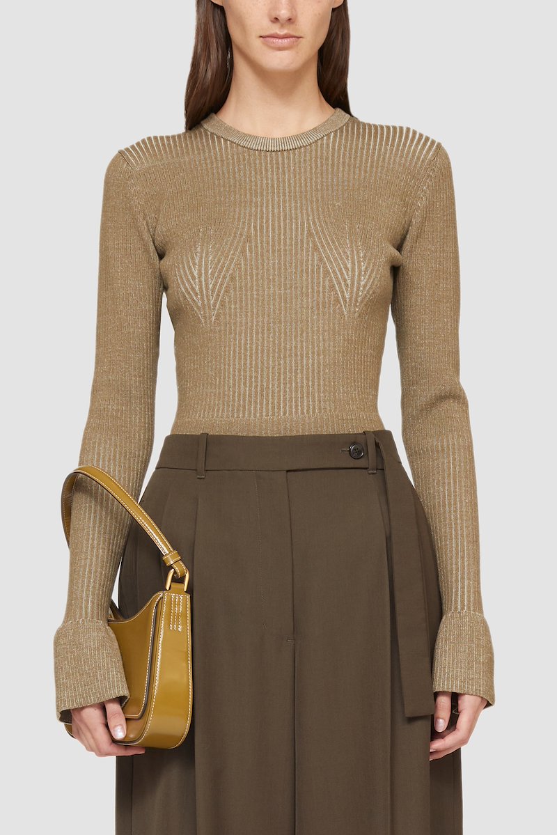 Bicolor Rib Long Sleeve Crewneck Pullover-brown #0 Bicolor Rib Long Sleeve Crewneck Pullover, ribbed-knit wool-blend jumper from 3.1 PHILLIP LIM featuring brown, wool blend, crew neck, long sleeves, split cuffs and straight hem.- 0