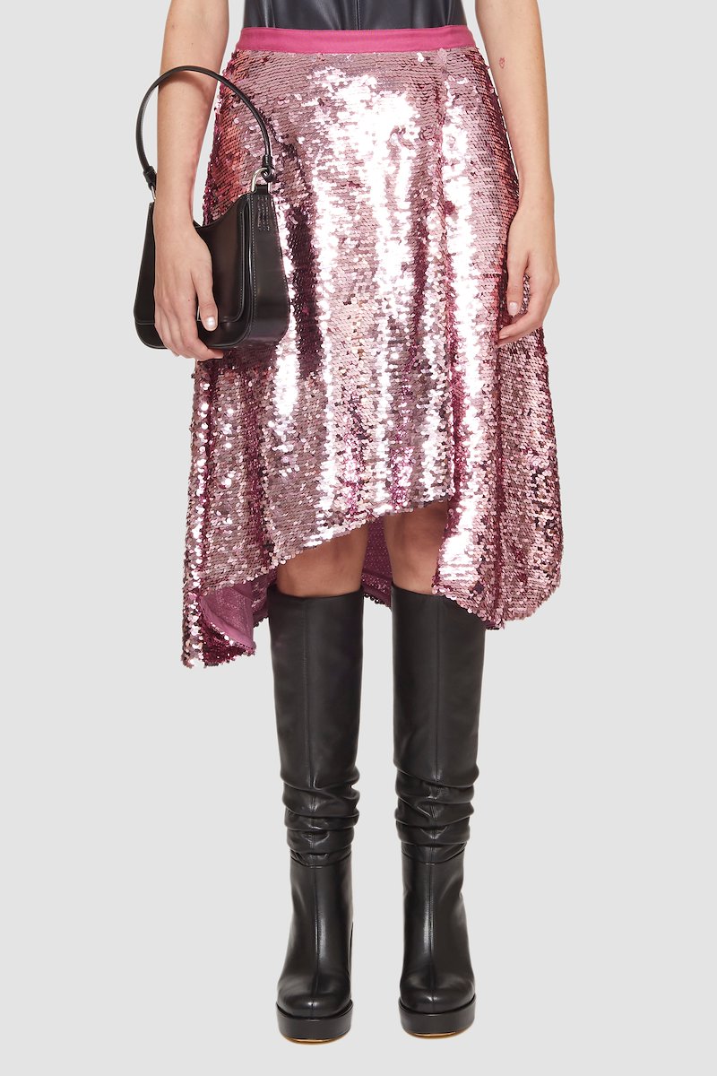 Draped Sequin Skirt, orchid purple asymmetric design sequin embellishment high-waisted elasticated waistband concealed side zip fastening- 1