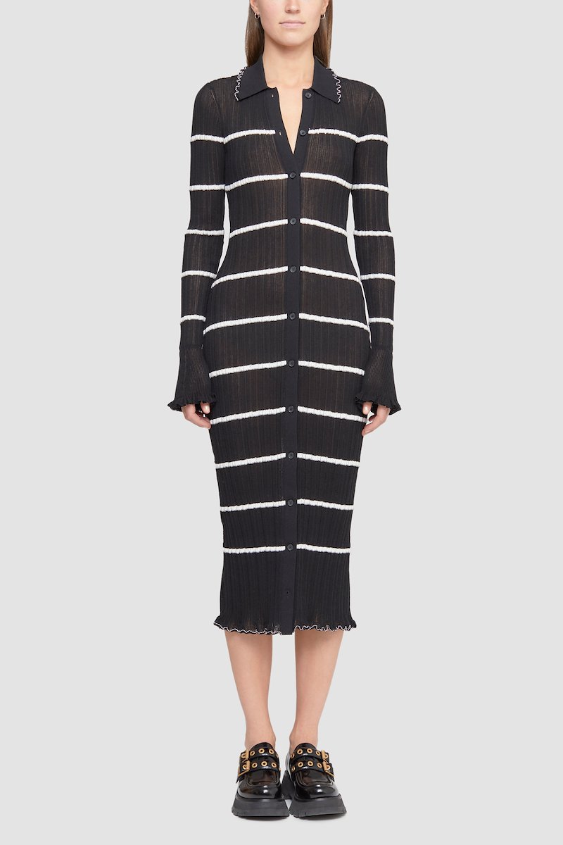 Sheer Striped Polo Dress-black #0 Sheer Striped Polo Dress, - 0