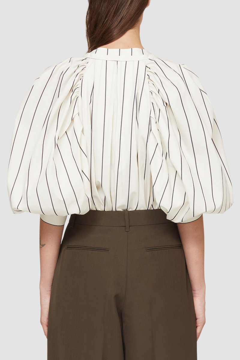 Puff Sleeve Striped Poplin Top-white #1 Puff Sleeve Striped Poplin Top, puff-sleeve striped top from 3.1 PHILLIP LIM featuring white/black, cotton blend, vertical stripe pattern, V-neck, three-quarter length puff sleeves, buttoned cuffs and straight hem.- 3