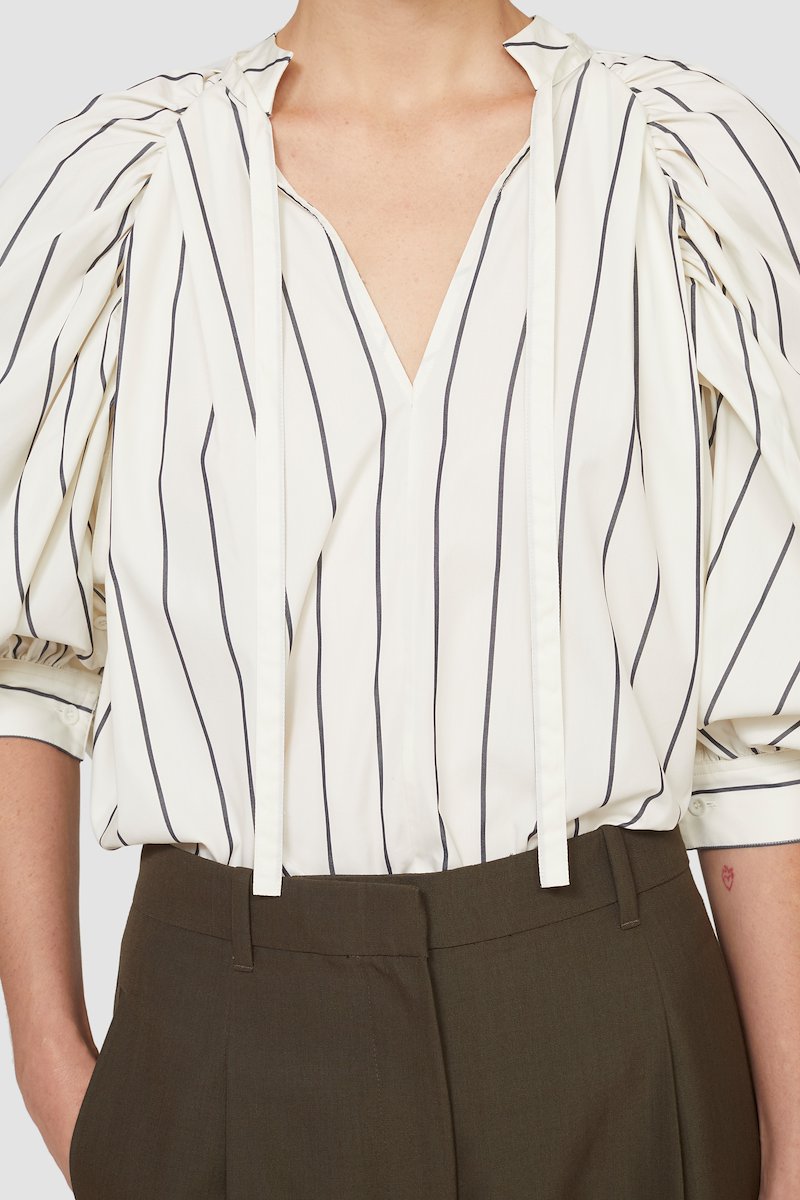 Puff Sleeve Striped Poplin Top-white #0 Puff Sleeve Striped Poplin Top, puff-sleeve striped top from 3.1 PHILLIP LIM featuring white/black, cotton blend, vertical stripe pattern, V-neck, three-quarter length puff sleeves, buttoned cuffs and straight hem.- 4