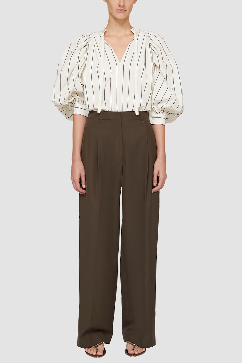 Puff Sleeve Striped Poplin Top-white #0 Puff Sleeve Striped Poplin Top, puff-sleeve striped top from 3.1 PHILLIP LIM featuring white/black, cotton blend, vertical stripe pattern, V-neck, three-quarter length puff sleeves, buttoned cuffs and straight hem.- 0