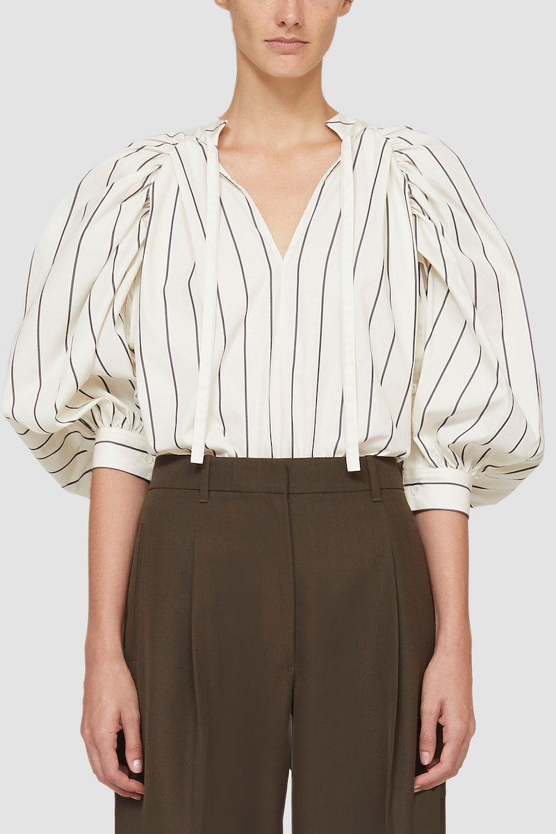 Puff Sleeve Striped Poplin Top-white #1 Puff Sleeve Striped Poplin Top, puff-sleeve striped top from 3.1 PHILLIP LIM featuring white/black, cotton blend, vertical stripe pattern, V-neck, three-quarter length puff sleeves, buttoned cuffs and straight hem.- 1