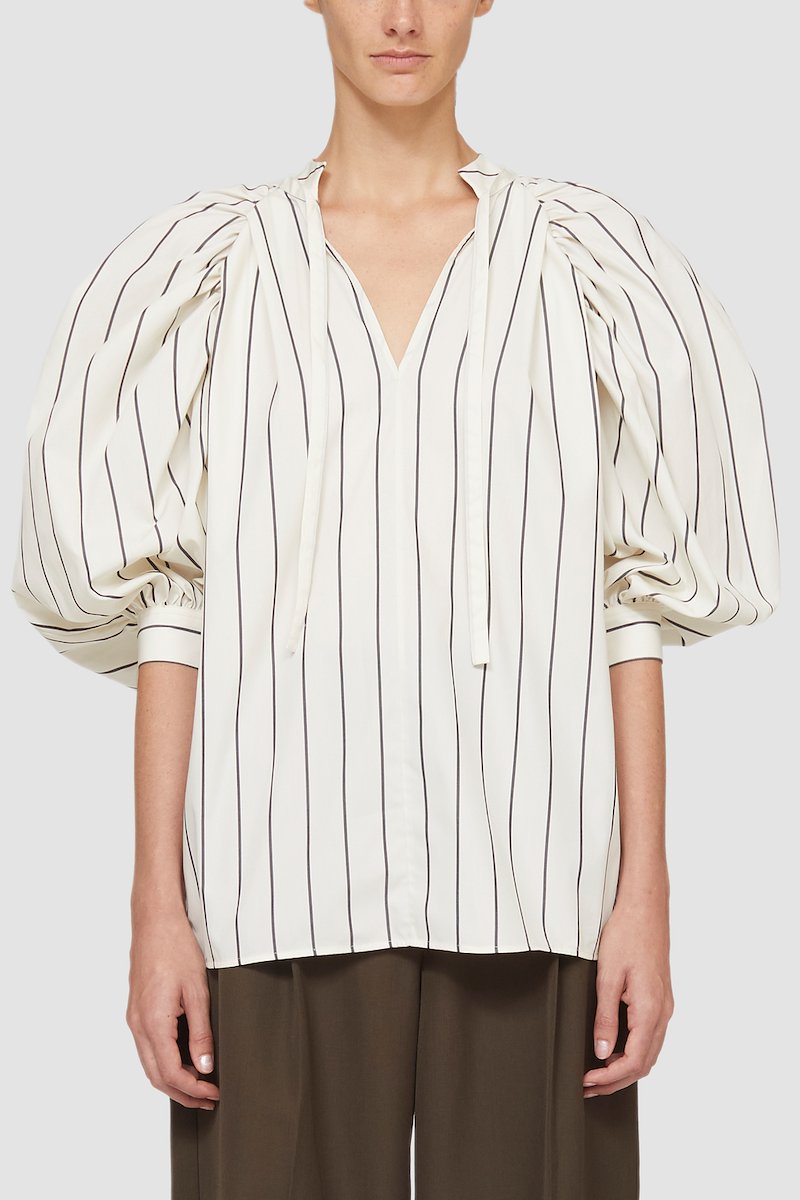 Puff Sleeve Striped Poplin Top-white #1 Puff Sleeve Striped Poplin Top, puff-sleeve striped top from 3.1 PHILLIP LIM featuring white/black, cotton blend, vertical stripe pattern, V-neck, three-quarter length puff sleeves, buttoned cuffs and straight hem.- 5