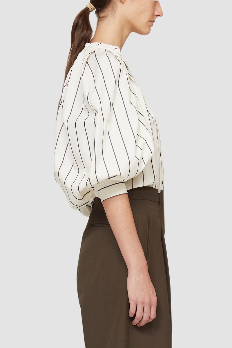 Puff Sleeve Striped Poplin Top-white #0 Puff Sleeve Striped Poplin Top, puff-sleeve striped top from 3.1 PHILLIP LIM featuring white/black, cotton blend, vertical stripe pattern, V-neck, three-quarter length puff sleeves, buttoned cuffs and straight hem.- 2