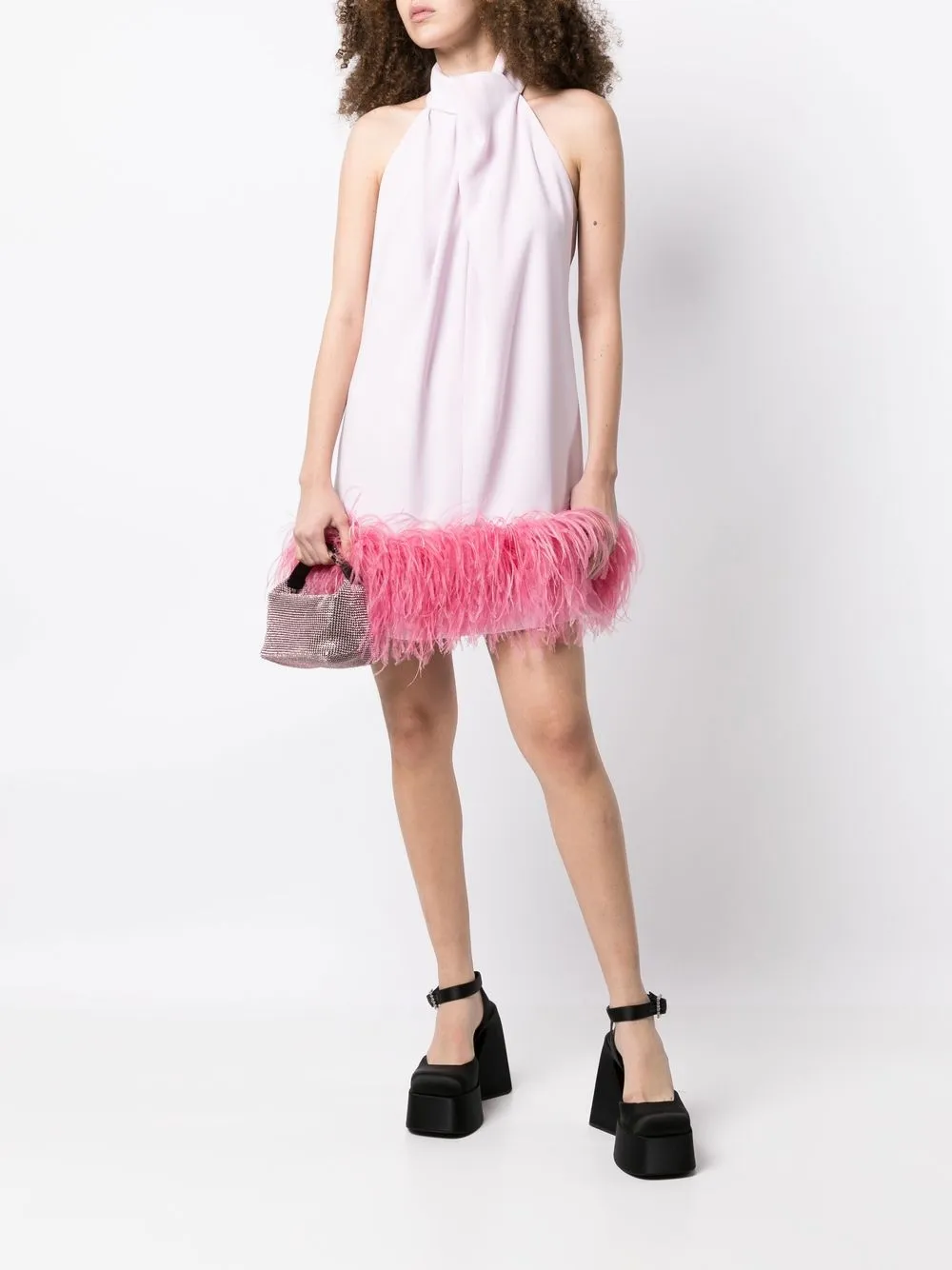 

16Arlington feather-trim halterneck dress - Pink