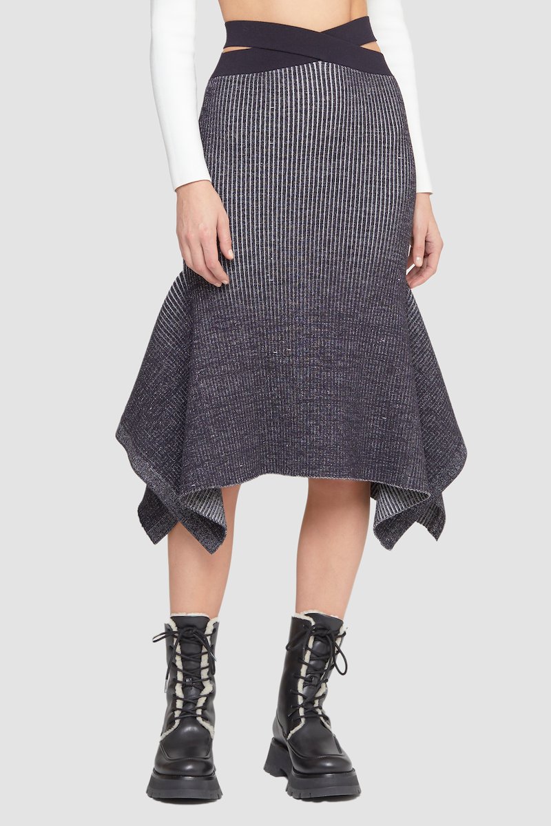 Bicolor Rib Godet Pencil Skirt-black #1 Bicolor Rib Godet Pencil Skirt, ribbed-knit asymmetric skirt from 3.1 PHILLIP LIM featuring black, wool blend, ribbed knit, cut-out detailing, elasticated waistband, draped detailing, mid-length and asymmetric edge.- 3