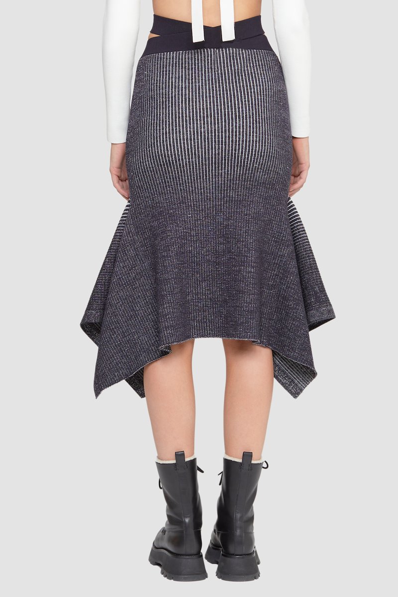 Bicolor Rib Godet Pencil Skirt-black #0 Bicolor Rib Godet Pencil Skirt, ribbed-knit asymmetric skirt from 3.1 PHILLIP LIM featuring black, wool blend, ribbed knit, cut-out detailing, elasticated waistband, draped detailing, mid-length and asymmetric edge.- 4