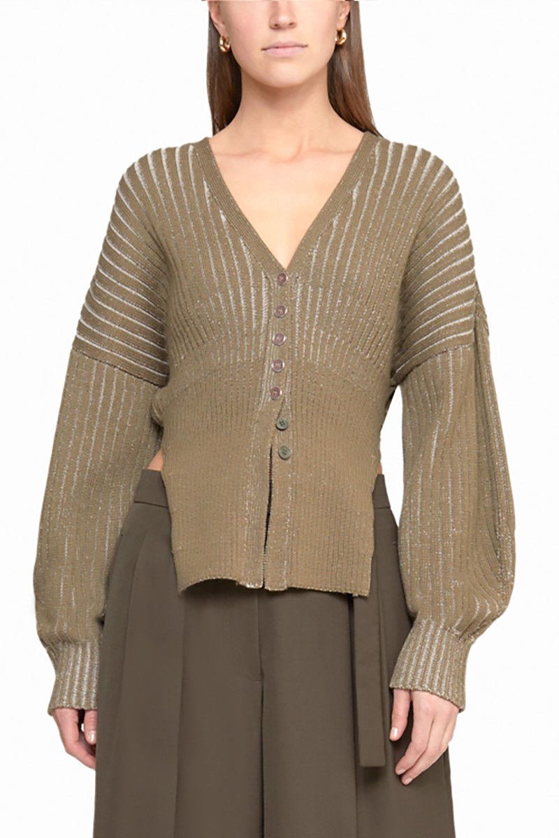 Bicolor Rib Long Sleeve Cardigan-green #0 Bicolor Rib Long Sleeve Cardigan, drop-shoulder ribbed cardigan from 3.1 PHILLIP LIM featuring military green, wool blend, ribbed knit, drop shoulder, V-neck, bishop sleeves, front button fastening and side slits.- 0
