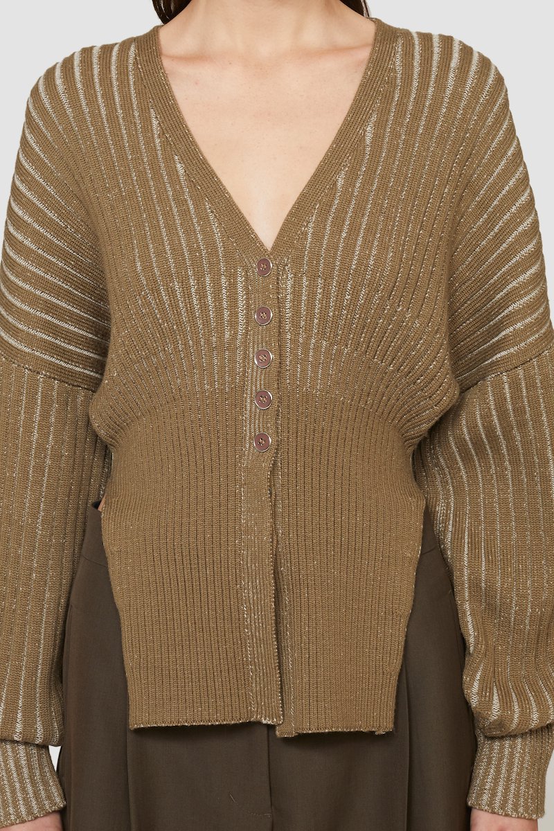 Bicolor Rib Long Sleeve Cardigan-green #1 Bicolor Rib Long Sleeve Cardigan, drop-shoulder ribbed cardigan from 3.1 PHILLIP LIM featuring military green, wool blend, ribbed knit, drop shoulder, V-neck, bishop sleeves, front button fastening and side slits.- 3