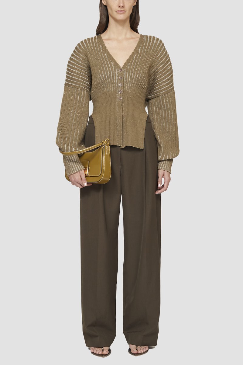 Bicolor Rib Long Sleeve Cardigan-green #0 Bicolor Rib Long Sleeve Cardigan, drop-shoulder ribbed cardigan from 3.1 PHILLIP LIM featuring military green, wool blend, ribbed knit, drop shoulder, V-neck, bishop sleeves, front button fastening and side slits.- 4
