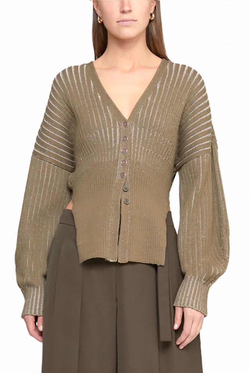 Bicolor Rib Long Sleeve Cardigan-green #1 Bicolor Rib Long Sleeve Cardigan, drop-shoulder ribbed cardigan from 3.1 PHILLIP LIM featuring military green, wool blend, ribbed knit, drop shoulder, V-neck, bishop sleeves, front button fastening and side slits.- 1