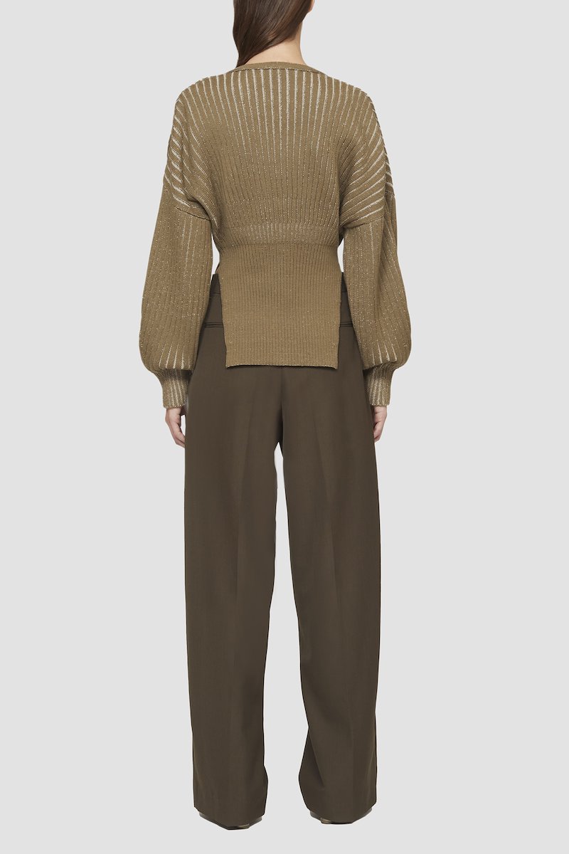 Bicolor Rib Long Sleeve Cardigan-green #0 Bicolor Rib Long Sleeve Cardigan, drop-shoulder ribbed cardigan from 3.1 PHILLIP LIM featuring military green, wool blend, ribbed knit, drop shoulder, V-neck, bishop sleeves, front button fastening and side slits.- 6