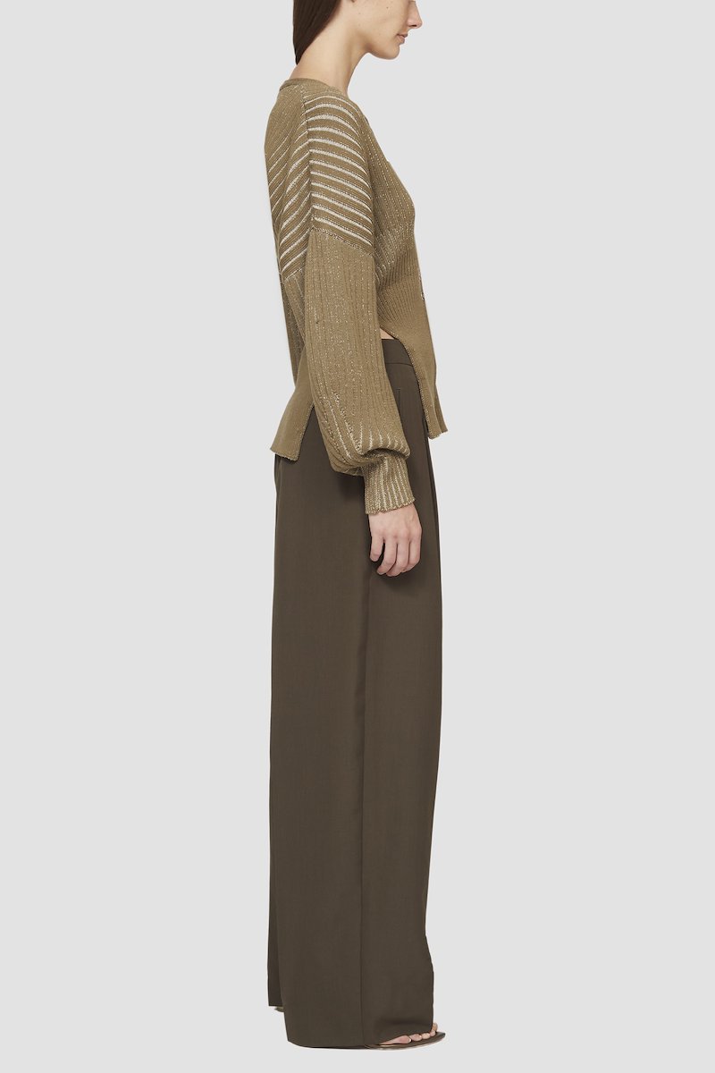 Bicolor Rib Long Sleeve Cardigan-green #1 Bicolor Rib Long Sleeve Cardigan, drop-shoulder ribbed cardigan from 3.1 PHILLIP LIM featuring military green, wool blend, ribbed knit, drop shoulder, V-neck, bishop sleeves, front button fastening and side slits.- 5