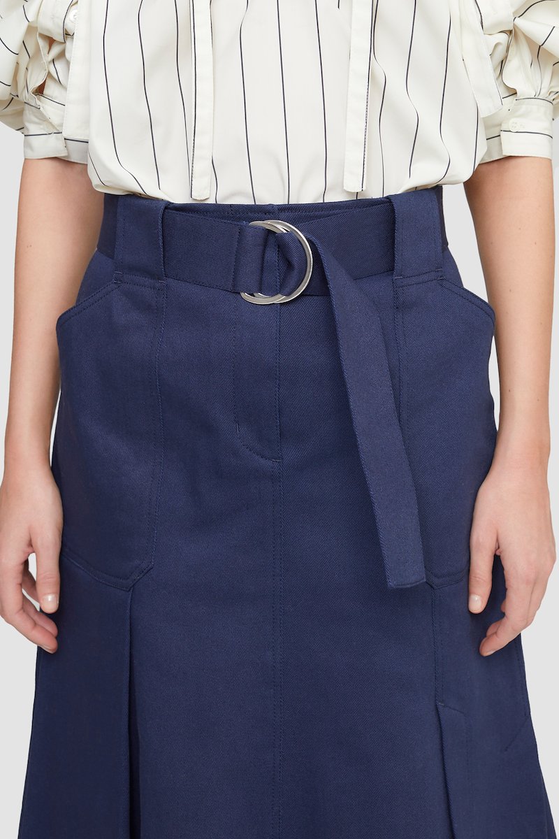 Cotton Twill Utility Panel Skirt-blue #1 Cotton Twill Utility Panel Skirt, belted pleated skirt from 3.1 PHILLIP LIM featuring blue, cotton, twill weave, belted waist, pleat detailing, two side patch pockets, central rear vent and mid-length.- 3