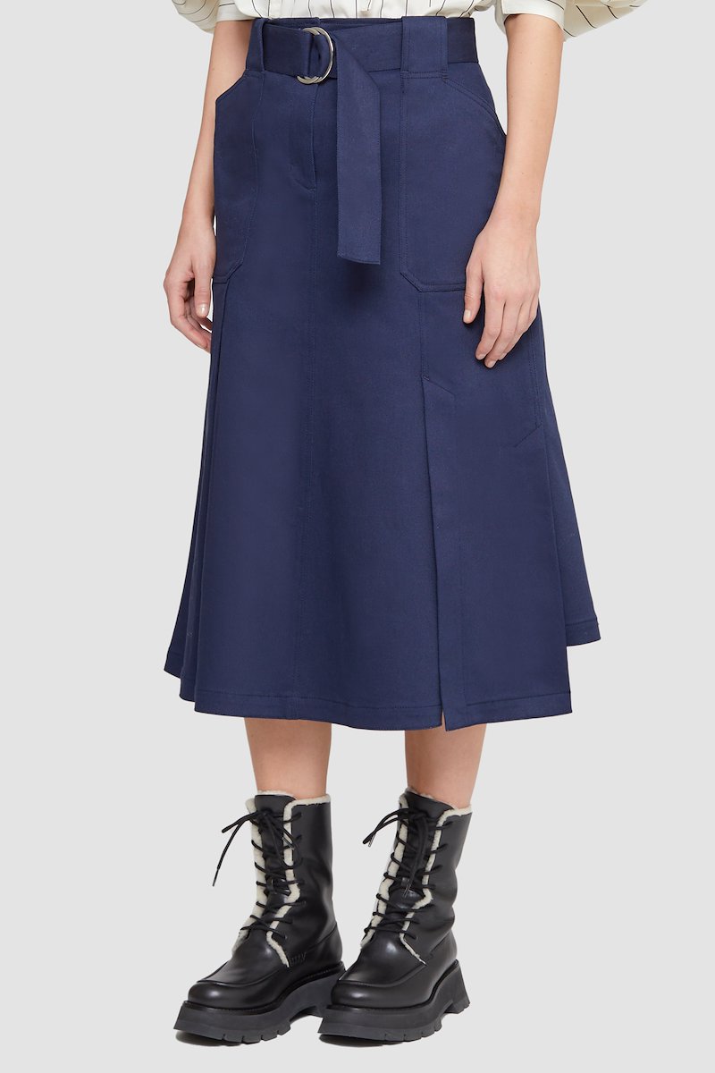 Cotton Twill Utility Panel Skirt, belted pleated skirt from 3.1 PHILLIP LIM featuring blue, cotton, twill weave, belted waist, pleat detailing, two side patch pockets, central rear vent and mid-length.- 1
