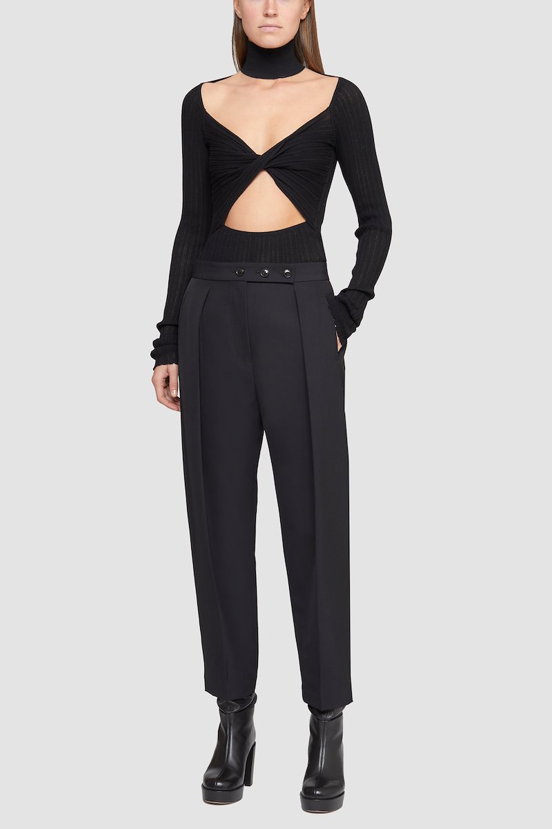 High Waisted Tapered Trouser-black #0 High Waisted Tapered Trouser, high-waisted tapered trousers from 3.1 PHILLIP LIM featuring black, wool-cotton blend, high waist, button fly fastening, vertical stripe pattern, pleat detailing, cropped leg and tapered leg.- 0