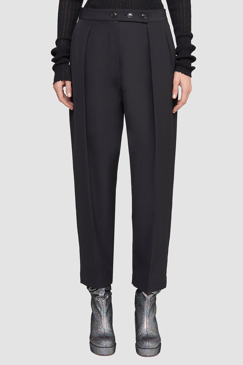 High Waisted Tapered Trouser, high-waisted tapered trousers from 3.1 PHILLIP LIM featuring black, wool-cotton blend, high waist, button fly fastening, vertical stripe pattern, pleat detailing, cropped leg and tapered leg.- 1