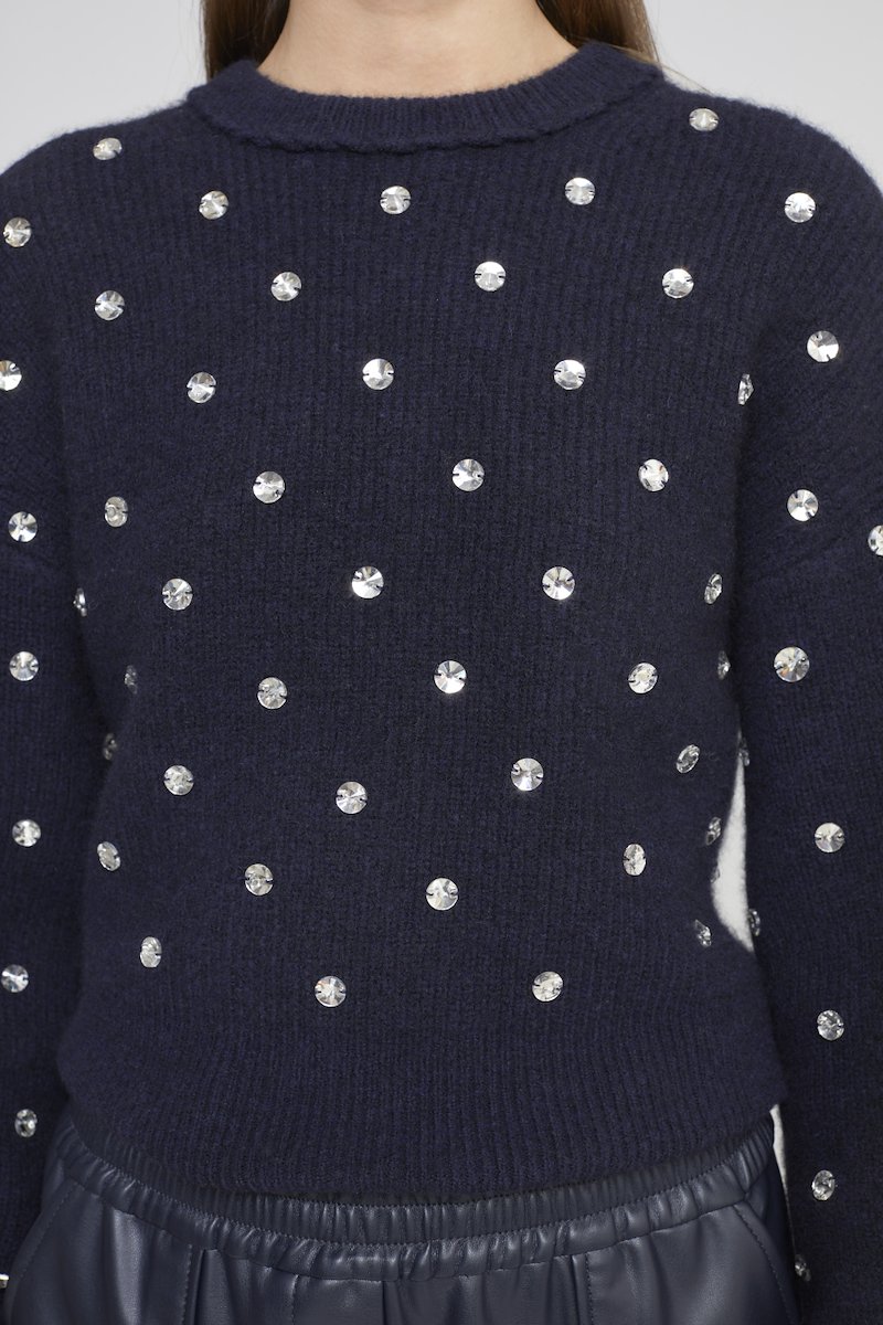Crewneck Embellished Pullover-blue #0 Crewneck Embellished Pullover, rhinestone-embellished jumper from 3.1 PHILLIP LIM featuring midnight blue, knitted construction, rhinestone embellishment, crew neck, drop shoulder and scallop edge.- 6