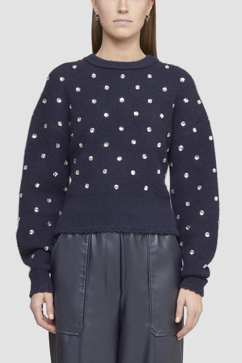 Crewneck Embellished Pullover-blue #1 Crewneck Embellished Pullover, rhinestone-embellished jumper from 3.1 PHILLIP LIM featuring midnight blue, knitted construction, rhinestone embellishment, crew neck, drop shoulder and scallop edge.- 3