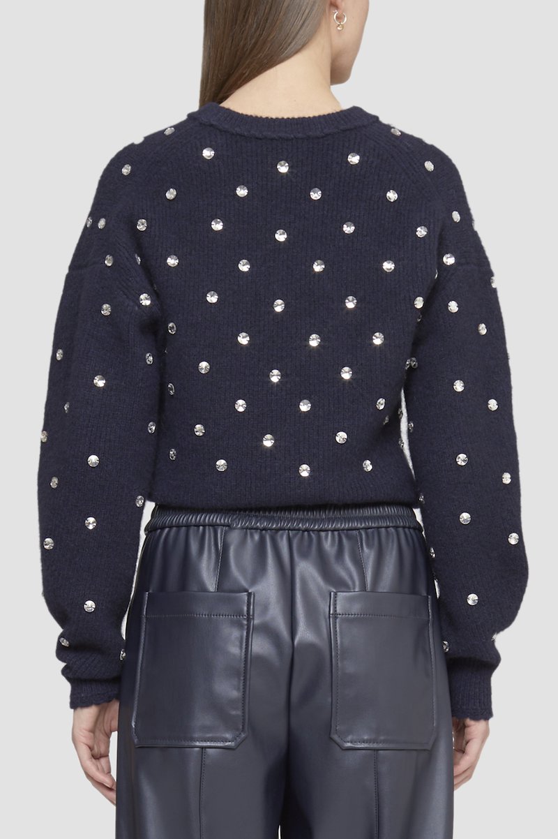 Crewneck Embellished Pullover-blue #1 Crewneck Embellished Pullover, rhinestone-embellished jumper from 3.1 PHILLIP LIM featuring midnight blue, knitted construction, rhinestone embellishment, crew neck, drop shoulder and scallop edge.- 5