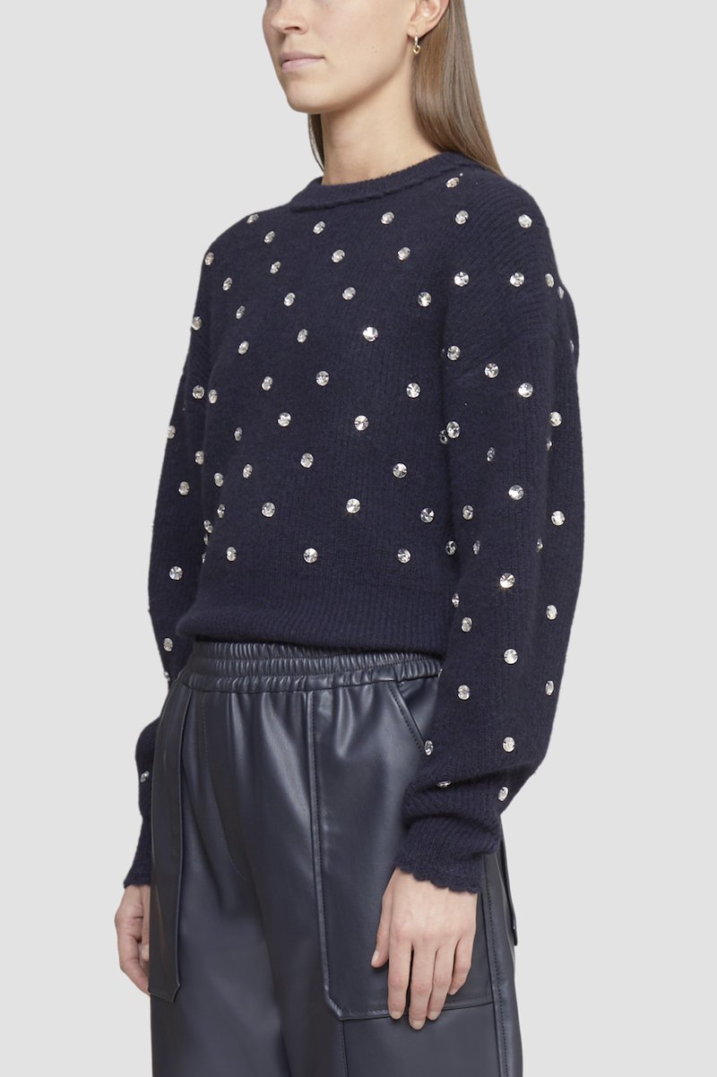 Crewneck Embellished Pullover-blue #0 Crewneck Embellished Pullover, rhinestone-embellished jumper from 3.1 PHILLIP LIM featuring midnight blue, knitted construction, rhinestone embellishment, crew neck, drop shoulder and scallop edge.- 4