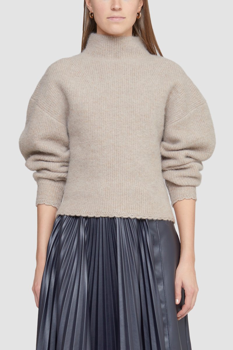 Scallop Trim Mock Neck Pullover-brown #1 Scallop Trim Mock Neck Pullover, scallop-trim mock-neck jumper from 3.1 PHILLIP LIM featuring beige, ribbed knit, mock neck, drop shoulder, long sleeves and scallop edge.- 1