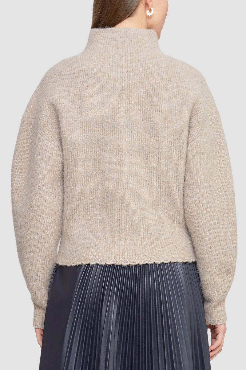 Scallop Trim Mock Neck Pullover-brown #1 Scallop Trim Mock Neck Pullover, scallop-trim mock-neck jumper from 3.1 PHILLIP LIM featuring beige, ribbed knit, mock neck, drop shoulder, long sleeves and scallop edge.- 3