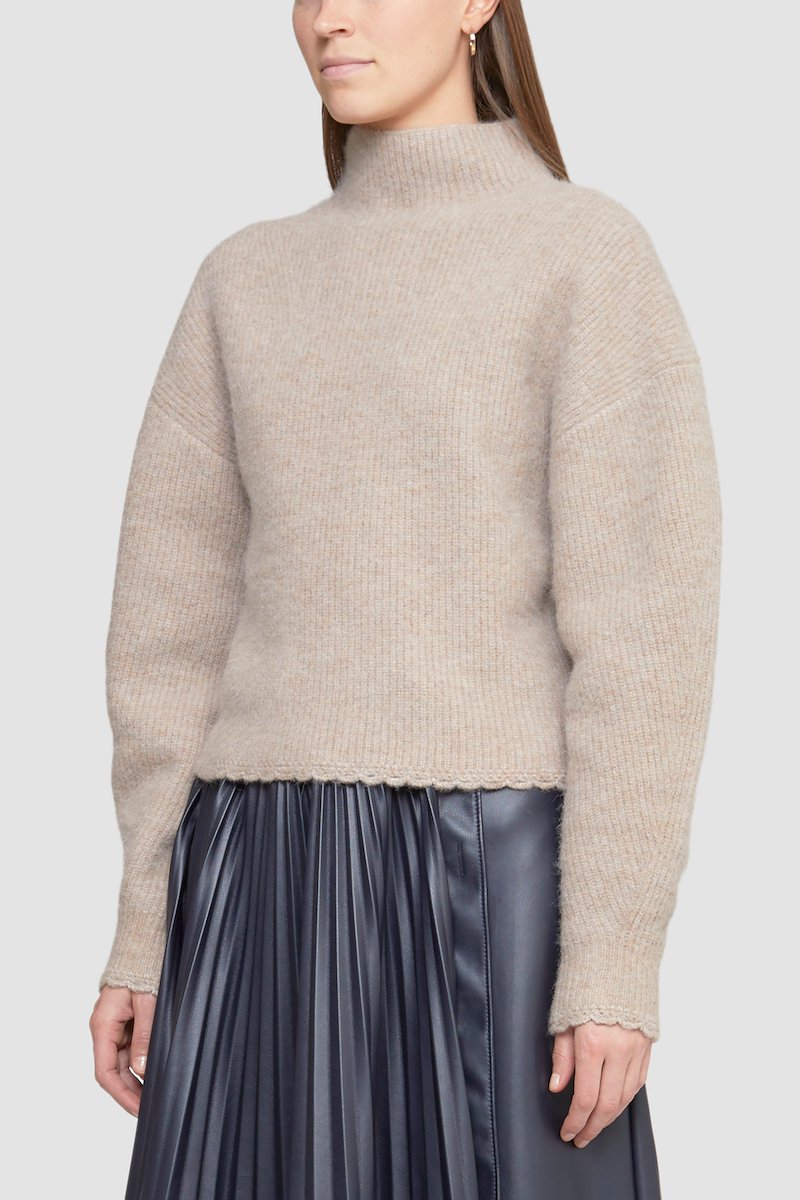 Scallop Trim Mock Neck Pullover-brown #0 Scallop Trim Mock Neck Pullover, scallop-trim mock-neck jumper from 3.1 PHILLIP LIM featuring beige, ribbed knit, mock neck, drop shoulder, long sleeves and scallop edge.- 2