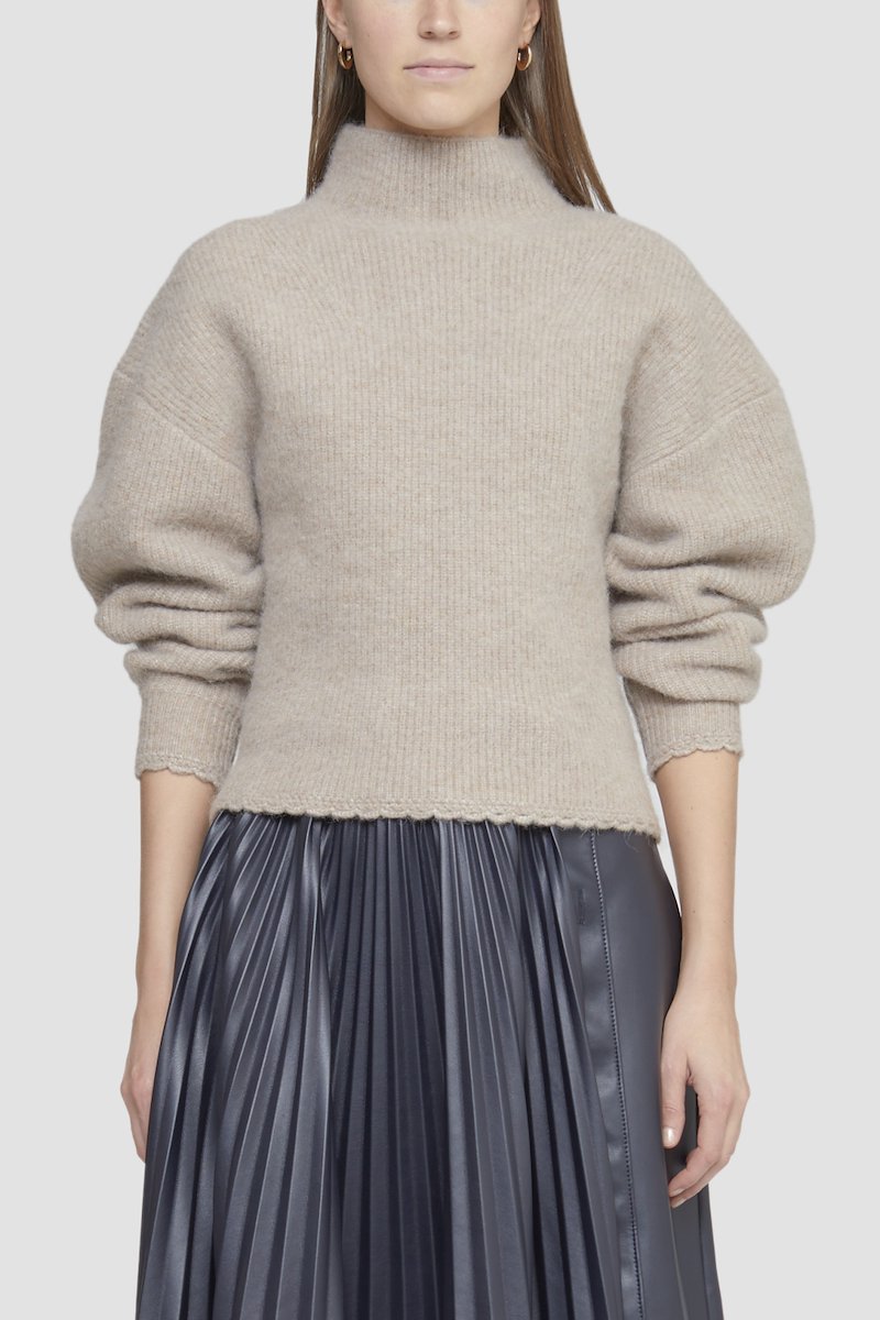 Scallop Trim Mock Neck Pullover-brown #1 Scallop Trim Mock Neck Pullover, scallop-trim mock-neck jumper from 3.1 PHILLIP LIM featuring beige, ribbed knit, mock neck, drop shoulder, long sleeves and scallop edge.- 3