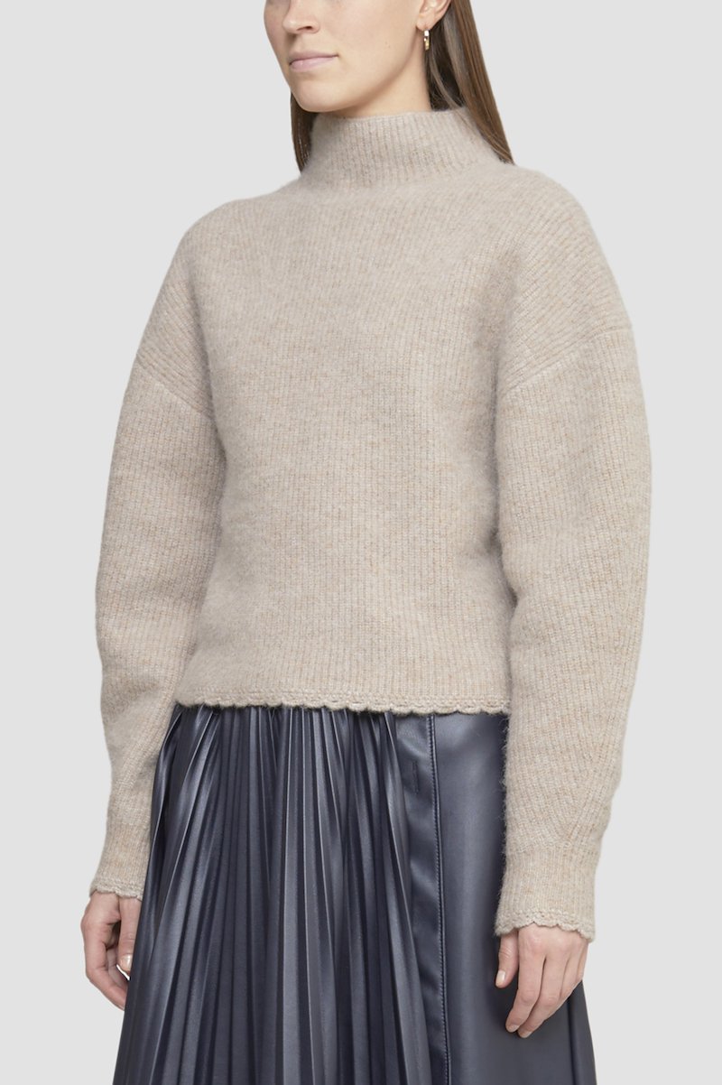 Scallop Trim Mock Neck Pullover-brown #0 Scallop Trim Mock Neck Pullover, scallop-trim mock-neck jumper from 3.1 PHILLIP LIM featuring beige, ribbed knit, mock neck, drop shoulder, long sleeves and scallop edge.- 4