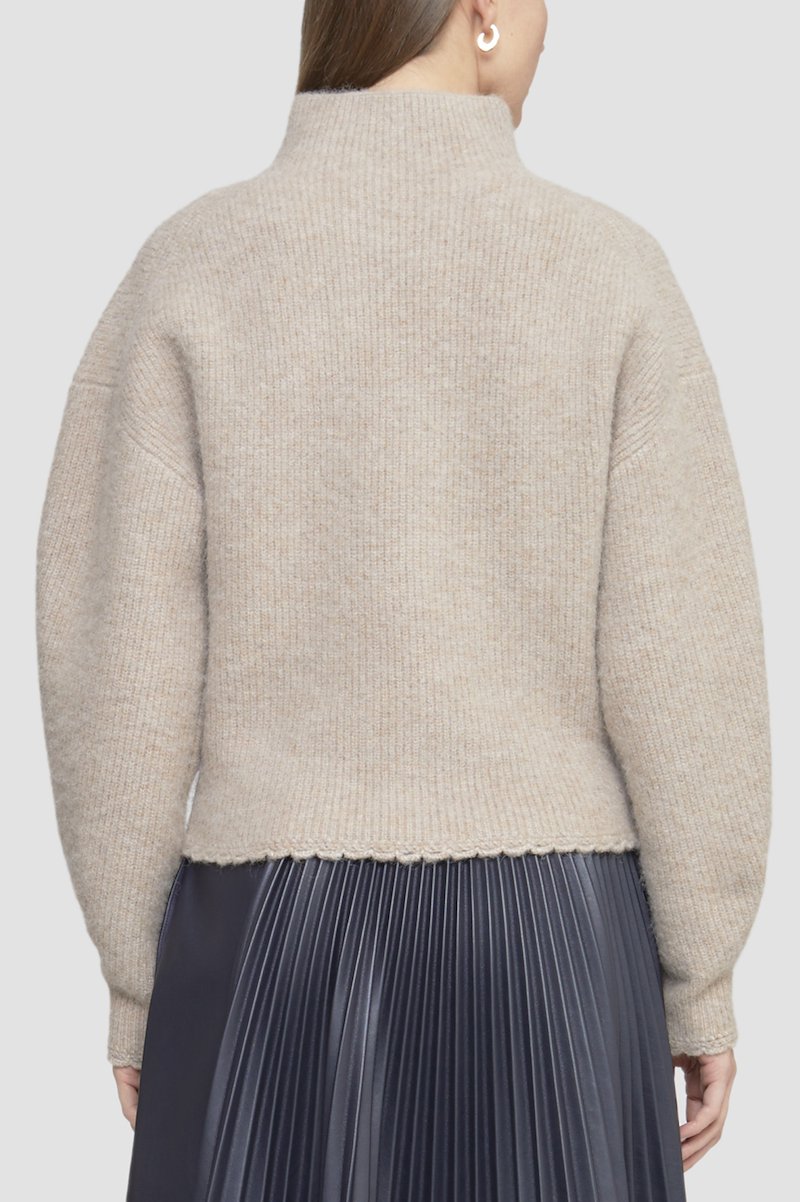 Scallop Trim Mock Neck Pullover, scallop-trim mock-neck jumper from 3.1 PHILLIP LIM featuring beige, ribbed knit, mock neck, drop shoulder, long sleeves and scallop edge.- 5