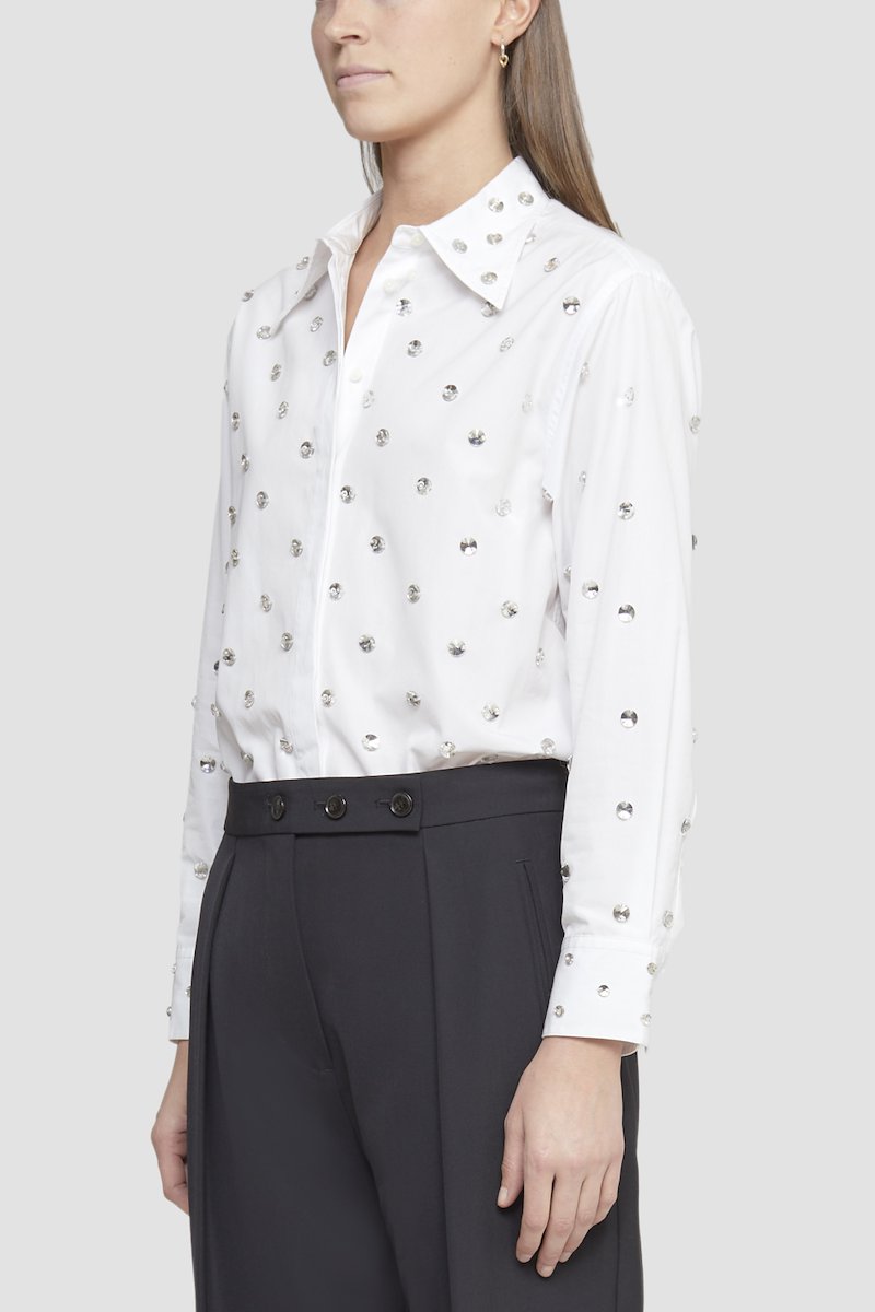 Embellished Poplin Shirt-white #0 Embellished Poplin Shirt, rhinestone-embellished poplin shirt from 3.1 PHILLIP LIM featuring white, cotton blend, poplin texture, rhinestone embellishment, classic collar, long sleeves, buttoned cuffs, concealed front fastening and straight hem.- 4