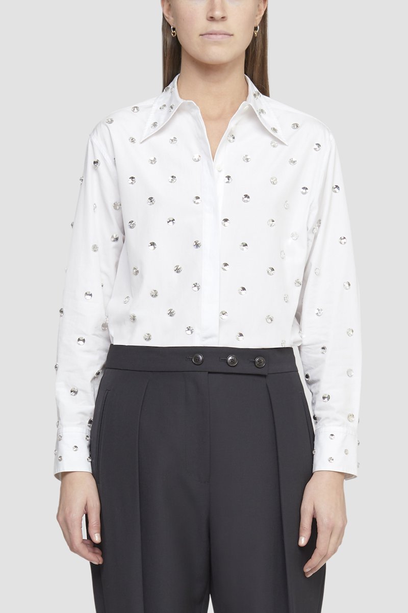 Embellished Poplin Shirt, rhinestone-embellished poplin shirt from 3.1 PHILLIP LIM featuring white, cotton blend, poplin texture, rhinestone embellishment, classic collar, long sleeves, buttoned cuffs, concealed front fastening and straight hem.- 3