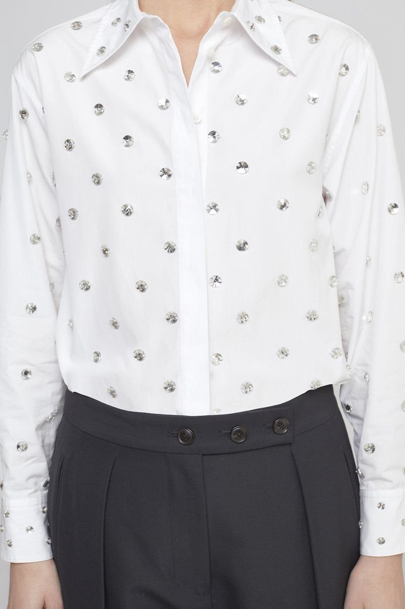 Embellished Poplin Shirt-white #0 Embellished Poplin Shirt, rhinestone-embellished poplin shirt from 3.1 PHILLIP LIM featuring white, cotton blend, poplin texture, rhinestone embellishment, classic collar, long sleeves, buttoned cuffs, concealed front fastening and straight hem.- 6