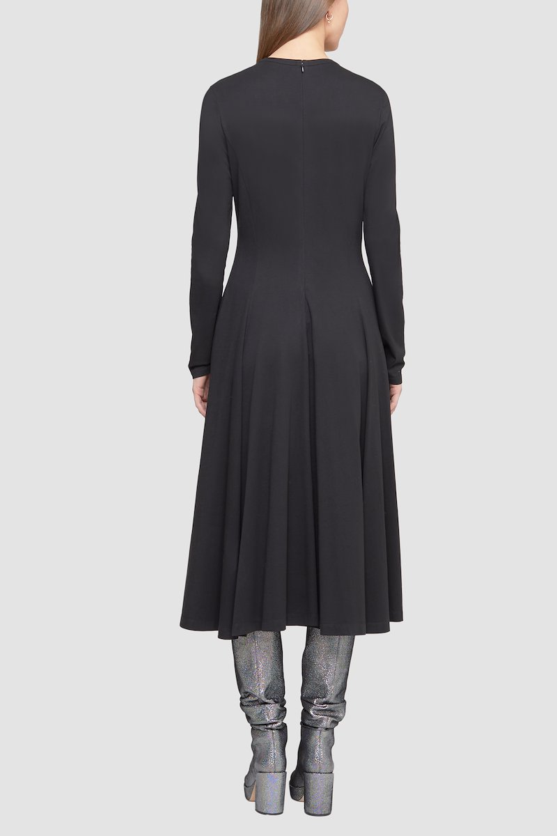 Jersey Flare Dress-black #0 Jersey Flare Dress, long-sleeved flared dress from 3.1 PHILLIP LIM featuring black, cotton, round neck, long sleeves, pleated skirt and mid-length.- 2