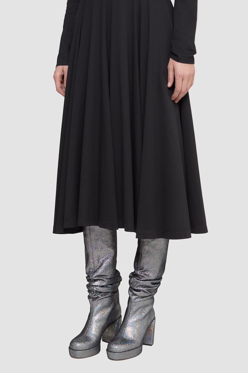 Jersey Flare Dress-black #1 Jersey Flare Dress, long-sleeved flared dress from 3.1 PHILLIP LIM featuring black, cotton, round neck, long sleeves, pleated skirt and mid-length.- 3