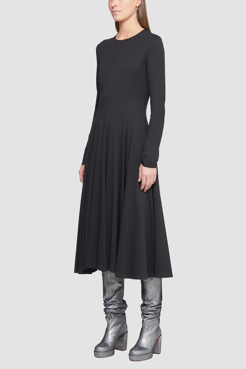 Jersey Flare Dress-black #1 Jersey Flare Dress, long-sleeved flared dress from 3.1 PHILLIP LIM featuring black, cotton, round neck, long sleeves, pleated skirt and mid-length.- 1