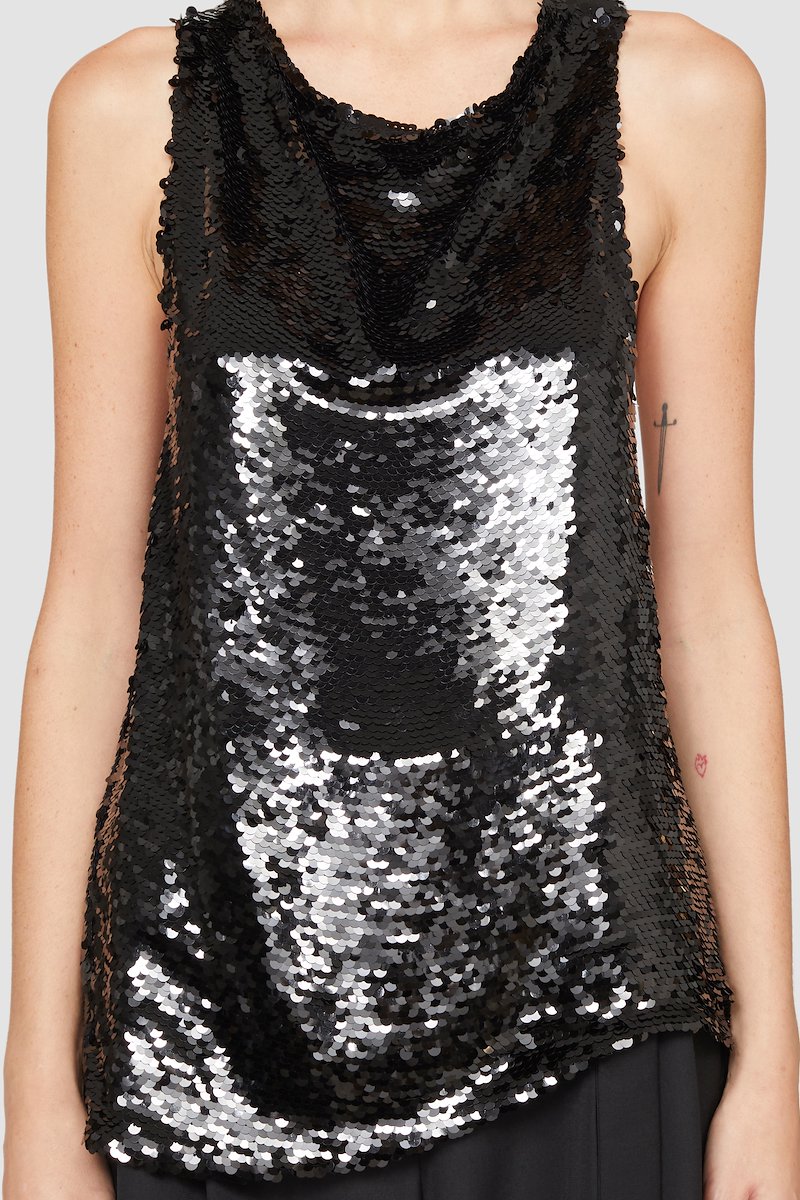 Cowl Neck Sequin Cross Back Tank-black #0 Cowl Neck Sequin Cross Back Tank, - 4