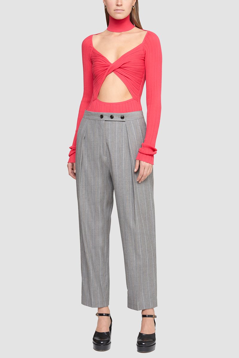 Twist Front Turtleneck -red #0 Twist Front Turtleneck , raspberry pink cotton blend ribbed knit cut-out detailing knot detailing high neck long sleeves lettuce hem- 0