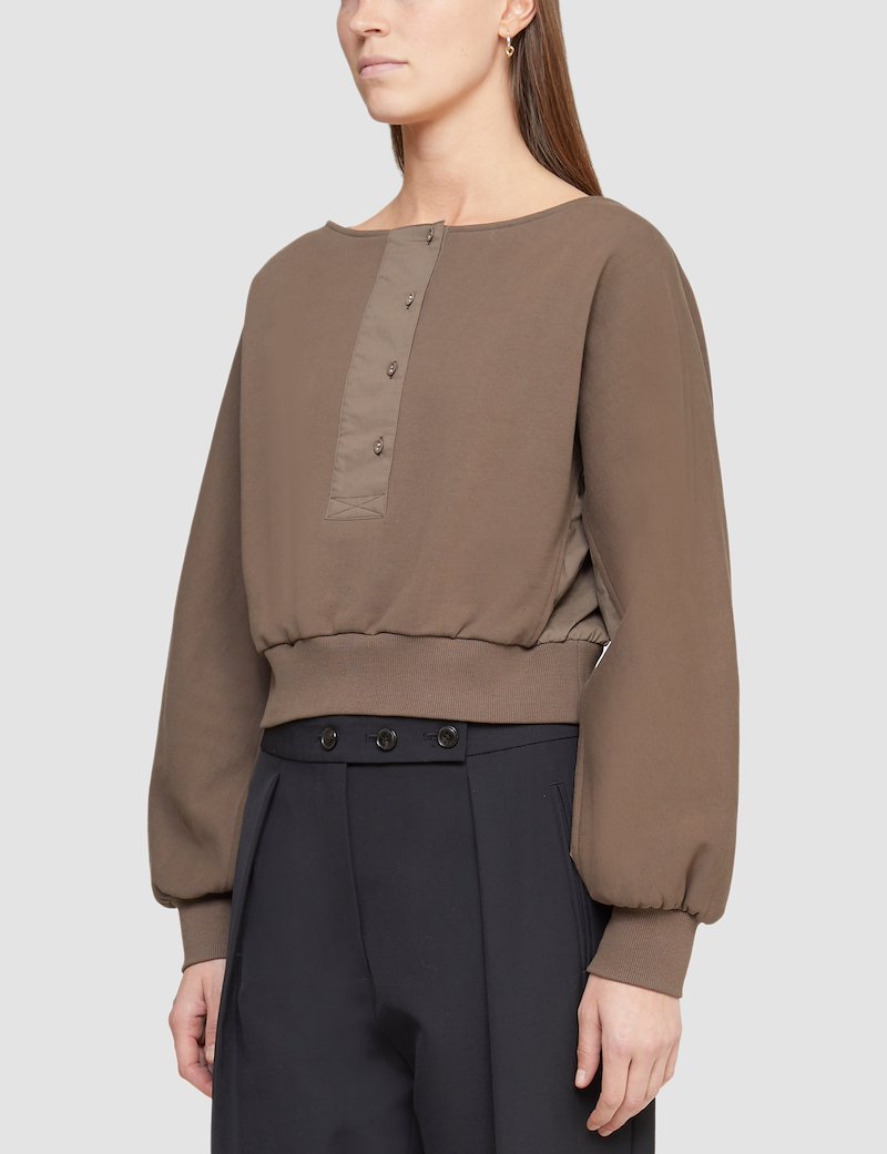 French Terry Combo Henley Pullover-green #0 French Terry Combo Henley Pullover, Henley-neck sweatshirt from 3.1 PHILLIP LIM featuring military green, cotton, Henley neck, contrasting panel detail, long sleeves and ribbed-knit edge.- 2
