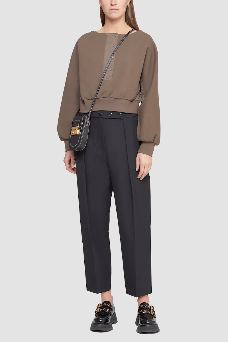 French Terry Combo Henley Pullover-green #0 French Terry Combo Henley Pullover, Henley-neck sweatshirt from 3.1 PHILLIP LIM featuring military green, cotton, Henley neck, contrasting panel detail, long sleeves and ribbed-knit edge.- 0